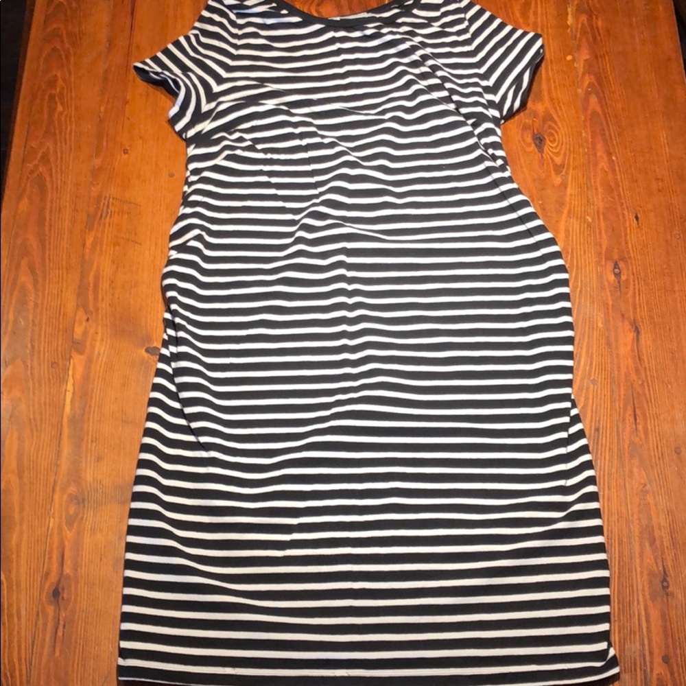 Black and white striped bodycon maternity dress